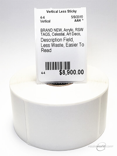 One Across Wide Less Sticky Vertical Thermal Tags, 1.5625" x 2.375", 8 Rolls, 4000 count