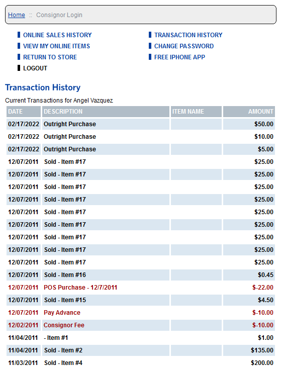 Consignor Login Transaction History