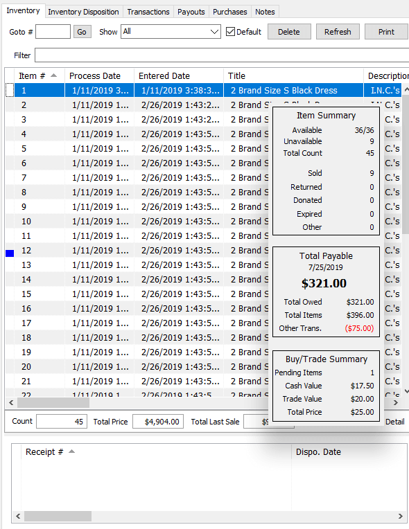 Inventory Detail with Item Summary